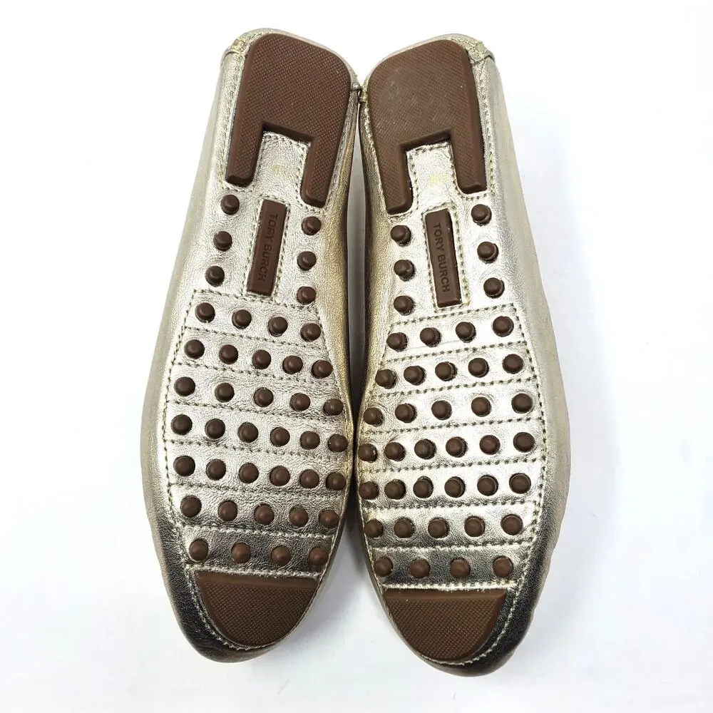 Tory Burch Everly Driver Loafer Flat Metallic Gold Leather 141377 Size US 7.5 M